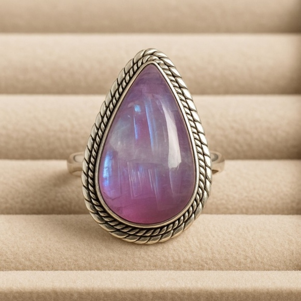 Natural Pink Glow Moonstone Ring | Teardrop Cut Statement Artisan NWOT 11 #407